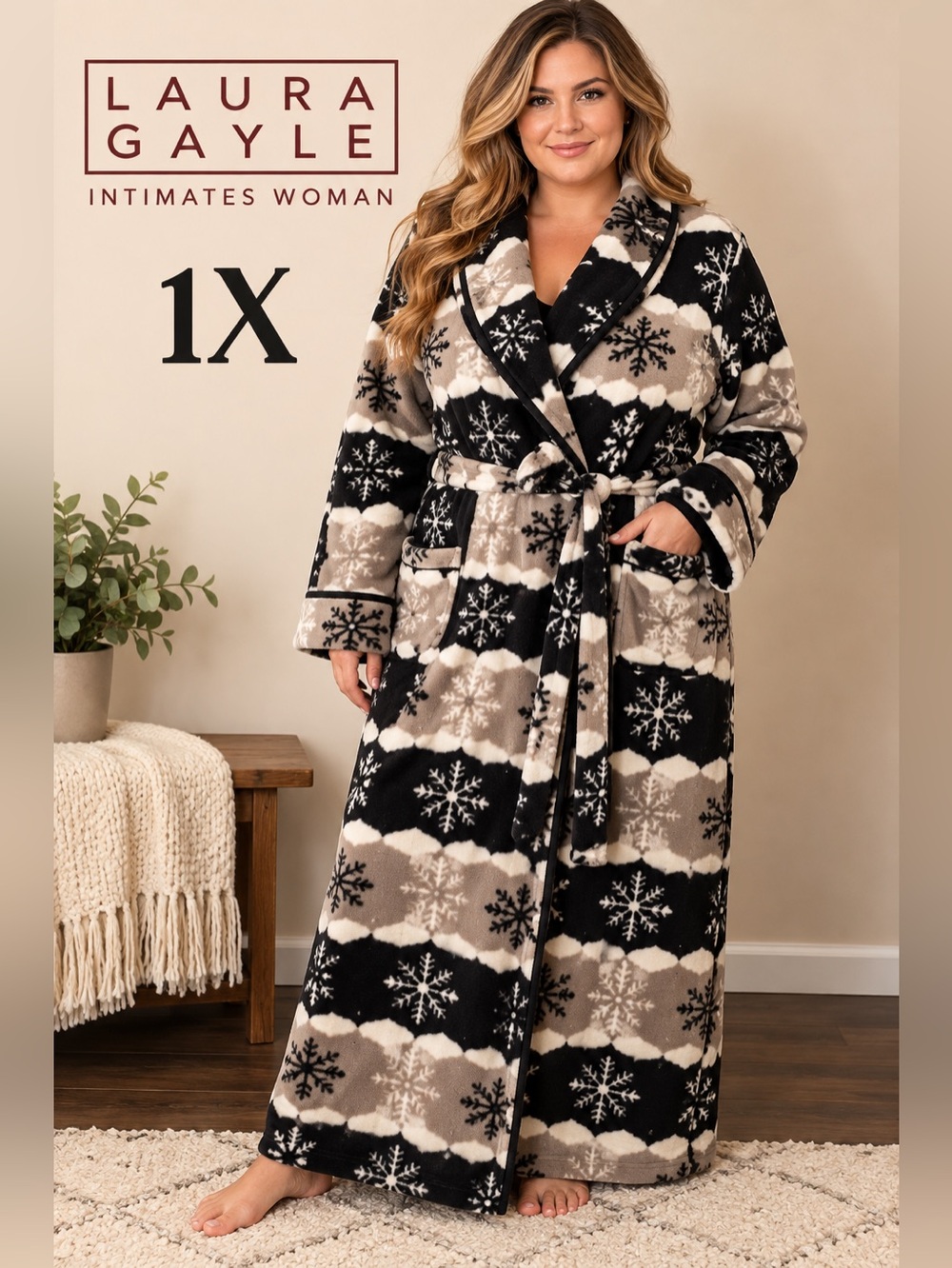 Laura Gayle Intimates Woman 1X Plush Fleece Snowflake Long Robe